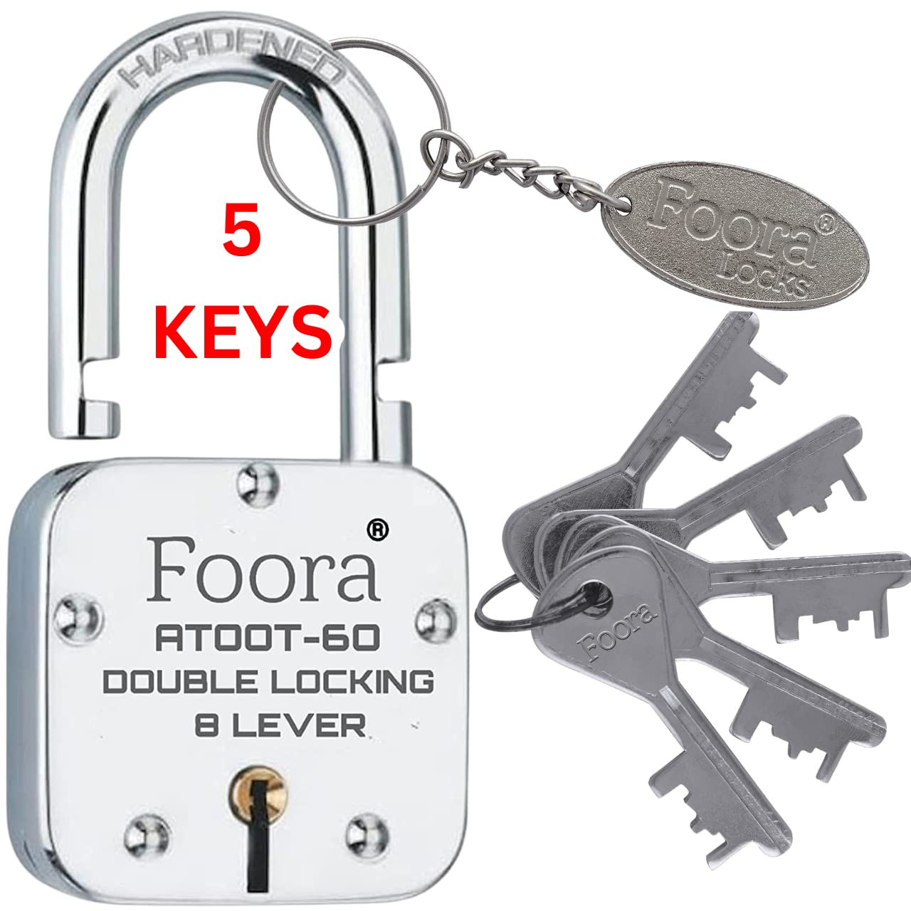Foora Lock and Keys 60mm Hardened Shackle Padlock | Double Locking 8 Lever | Home and Shop Shutter Security | Silver Polished Finish