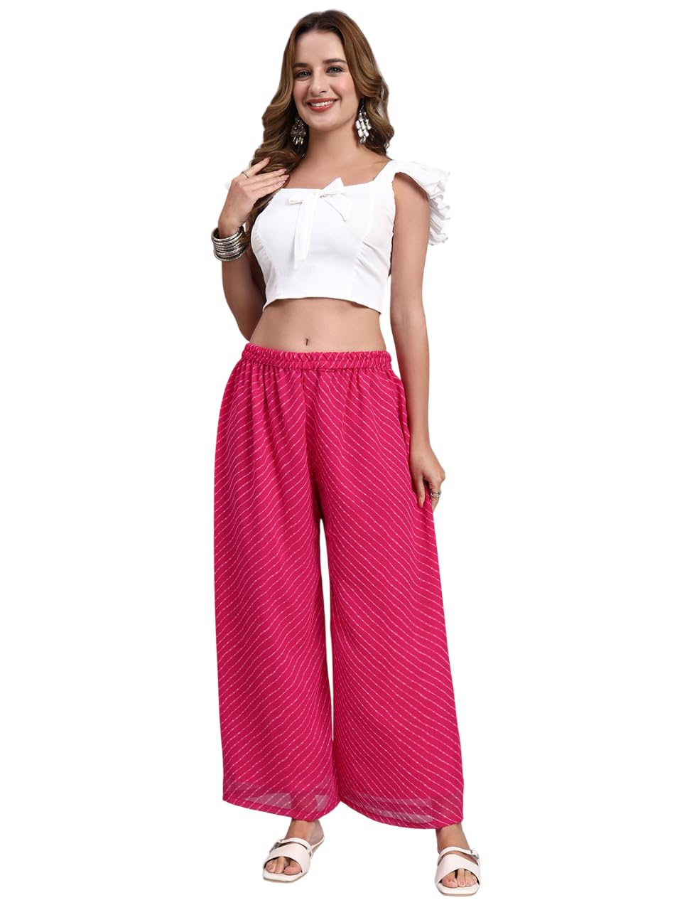 jds lifestyle Women’s Georgette Leheriya Printed Wide Leg Palazzo Pants | Elastic Waist Flowy Palazzo for Ethnic Casual Indo Comfortable Stylish Pants for Women-picture-44