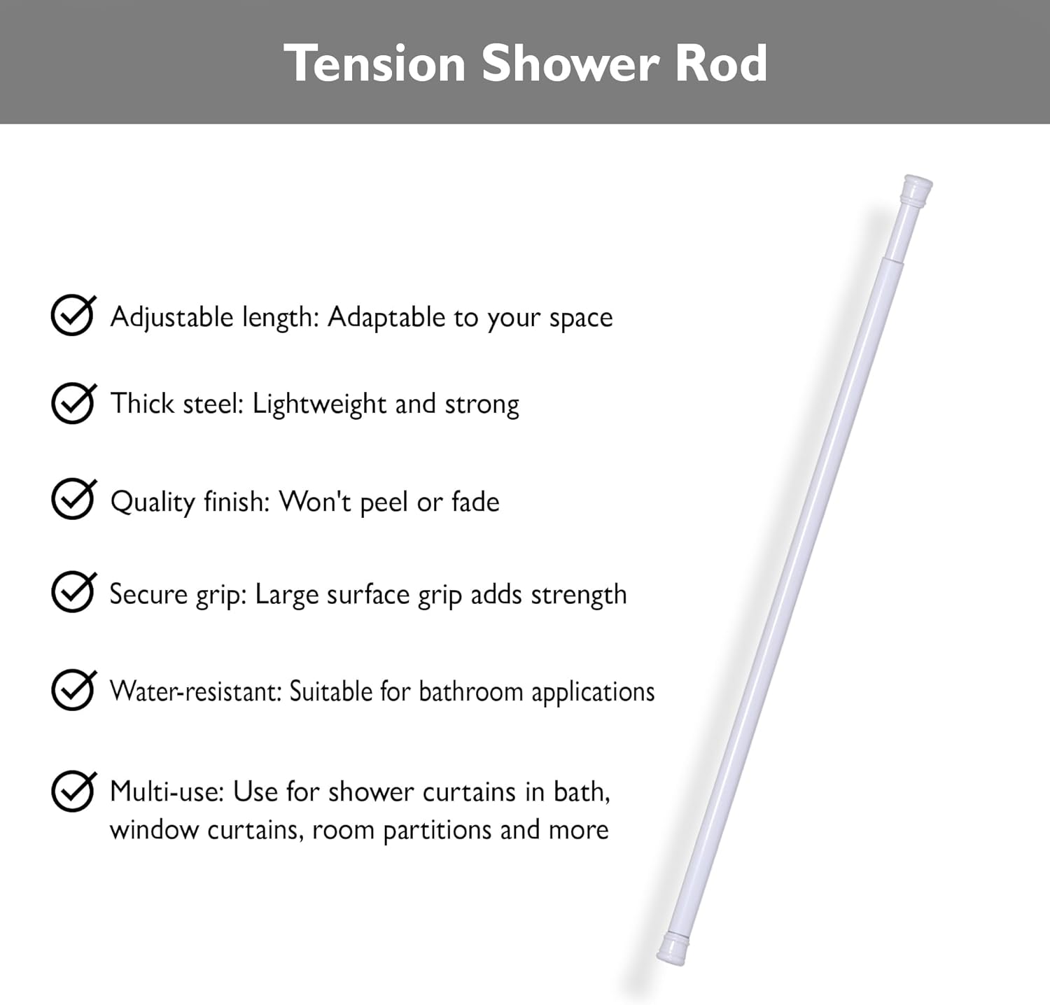 Adjustable Tension Steel Bathroom Shower Rod, 50-84 Inches, White Finish, No Drill – Design House, 564195