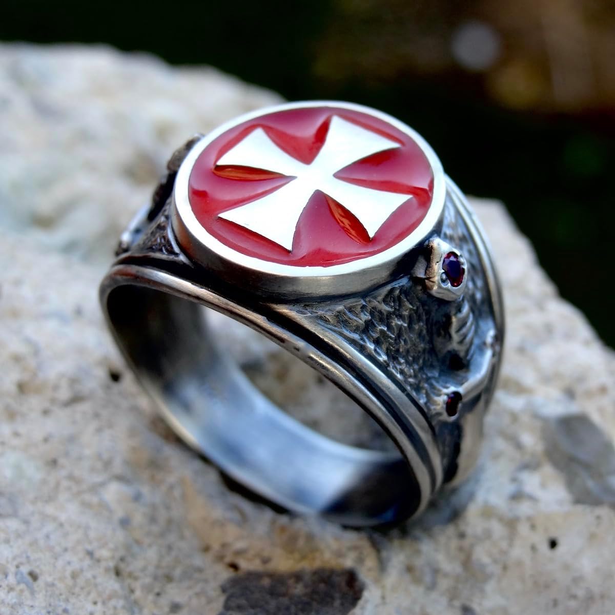 New Knights Templar Ring Sterling Silver 925 Cross Red Enamel Handmade Jewelry