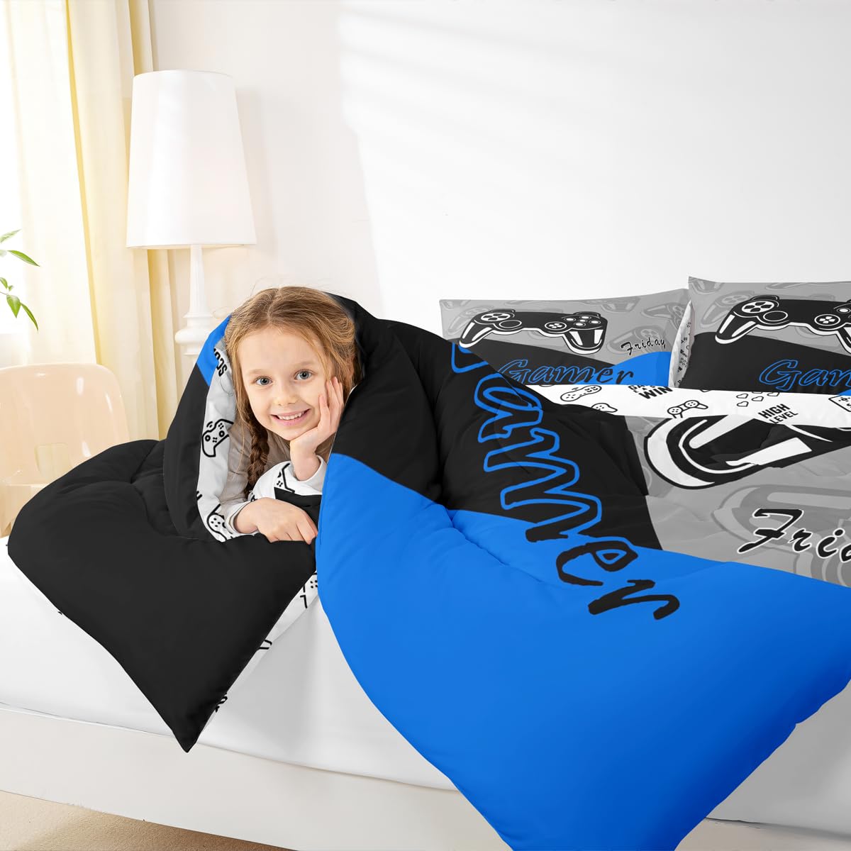 Feelyou Gaming-Bettwäsche-Set für Jungen, Teen Videospiel, für Kinder, Gamer, Schmusetuch für alle Jahreszeiten, Gamepad, Heimdekoration für Schmusetuch, Doppelgröße, Schwarz, Grau