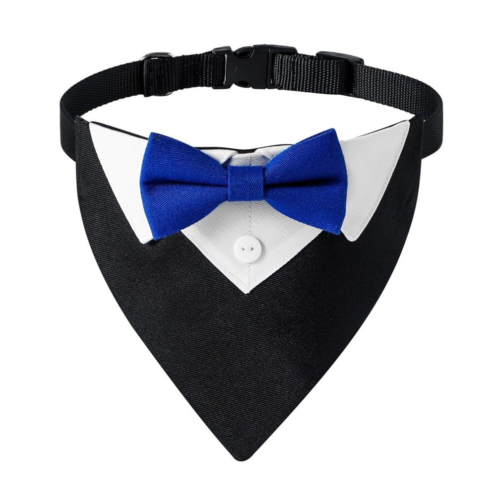 Dog Tuxedo Collar, Adjustable Dogs Formal Tuxedo with Bow Tie and Neck Tie for Small Medium Large Dog, Black, blue bowtie