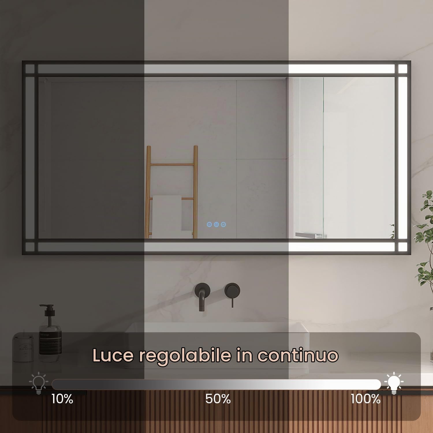 AQUABATOS grande specchio da bagno a LED con illuminazione 140x70 cm effetto finestra specchio luminoso cornice in alluminio nero dimmerabile antiappannamento