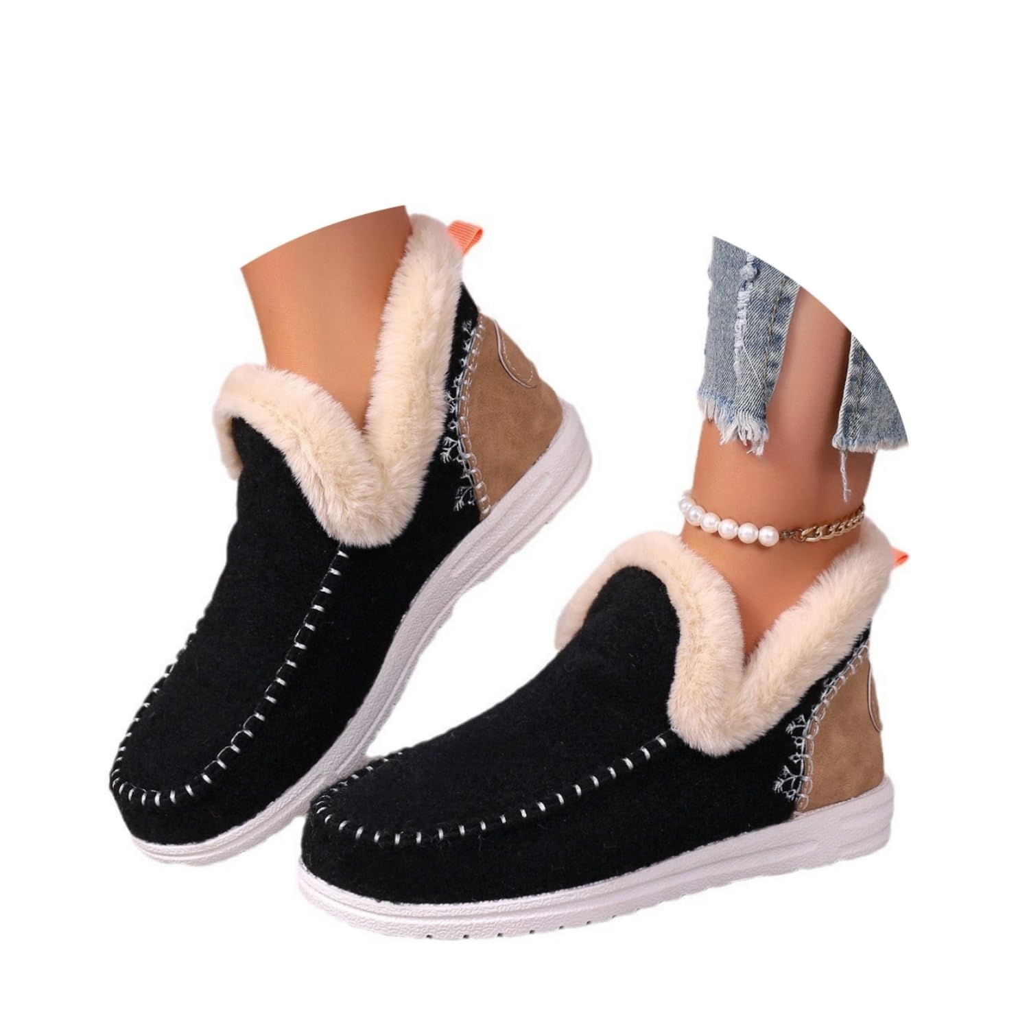 Womens Winter Plush Lined Flat Shoes Comfy Orthopedic Faux Fur Lining Anti-Slip Slip on Loafer Casual Outdoor Plush