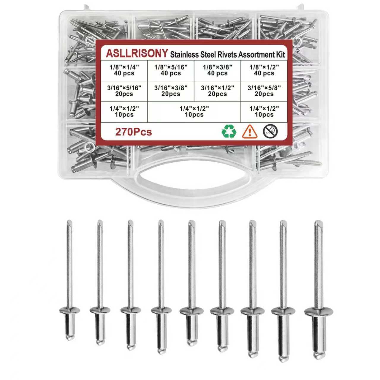270 Pcs Stainless Steel Rivet Kit – 9 Sizes Stainless Rivets with 1/8" 3/16"1/4 ",Pop Rivets, Heavy-Duty Hand Rivet, Furniture, Sheet Metal, and DIY Repairs