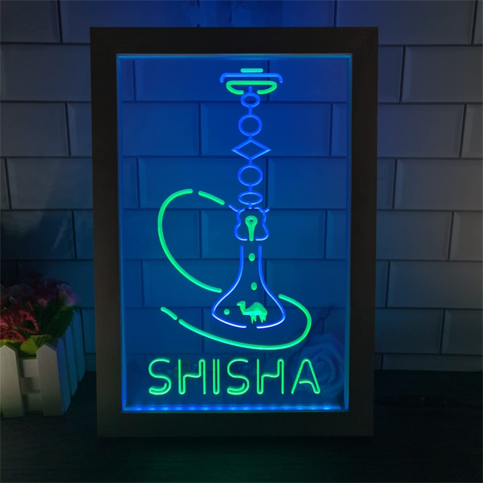 Shisha Shop Letrero de neón LED, Hookah Doble Color decoración Marco de Fotos lámpara de Mesa Escritorio Creativo Madera 3D Luces de Noche,Green Blue,32x42cm