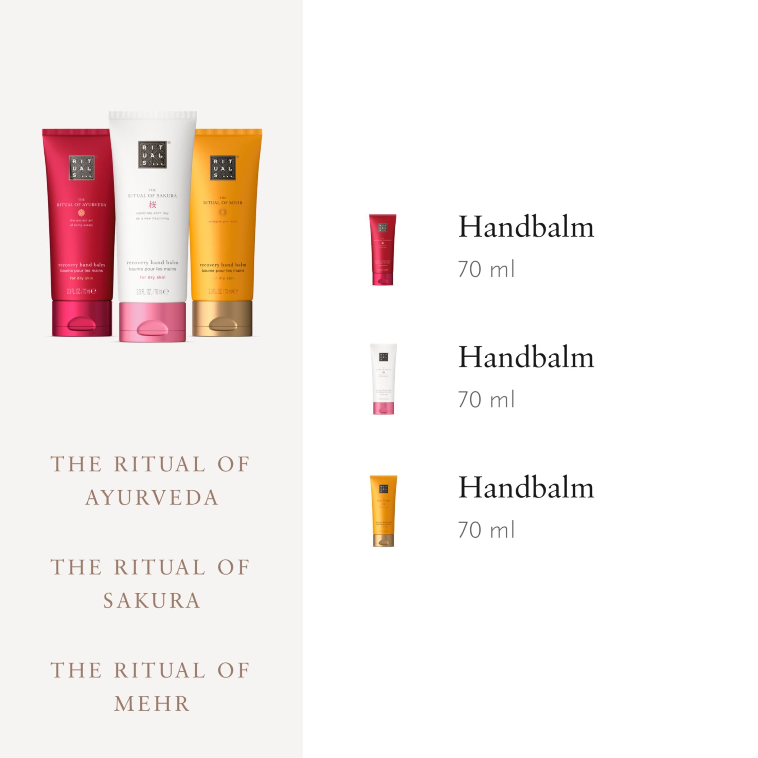 RITUALS Hand Balm Trio The Rituals of Sakura, Mehr & Ayurveda – Geschenkset mit 3 Handcremes – Handcreme Set mit 97% Inhaltsstoffen natürlichen Ursprungs – 3 x 70 ml