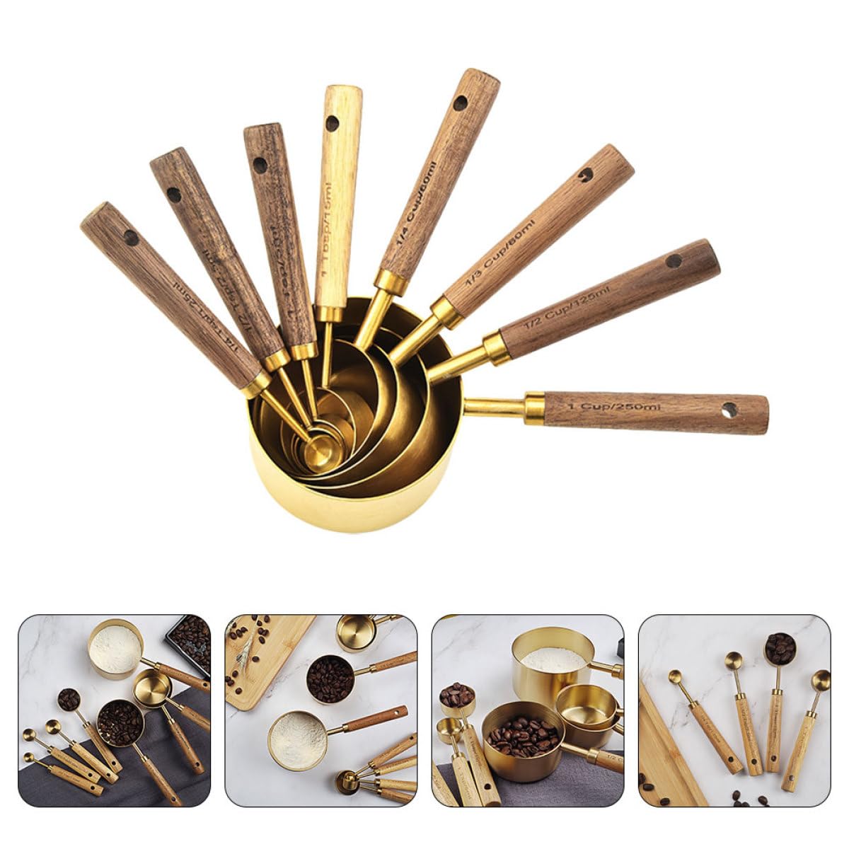 Set Cucchiaini Dosatori 8 Pezzi in Acciaio Inox e Legno, Impilabile