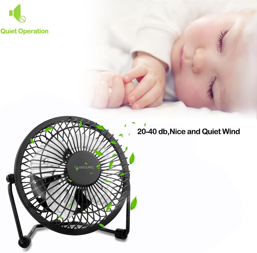 GLAMOURIC Mini Metal Table Fan Small USB Quiet Portable Desk Fan High Compatibility Black - For Home, Office
