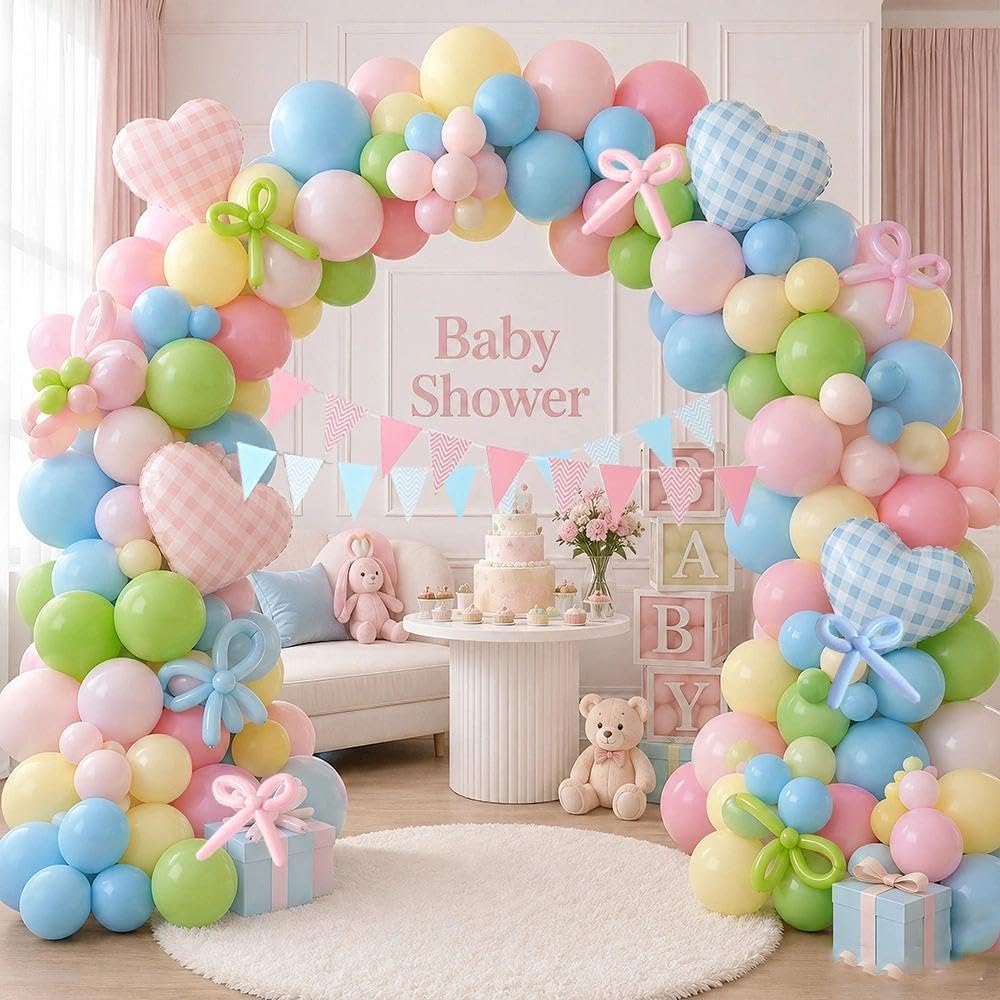 Kit de arco de globos rosa claro, verde, azul, doble relleno, amarillo pastel, rubor, rosa, globos de corazón con banderín, pancarta para baby shower, revelación de género, cumpleaños, decoración de