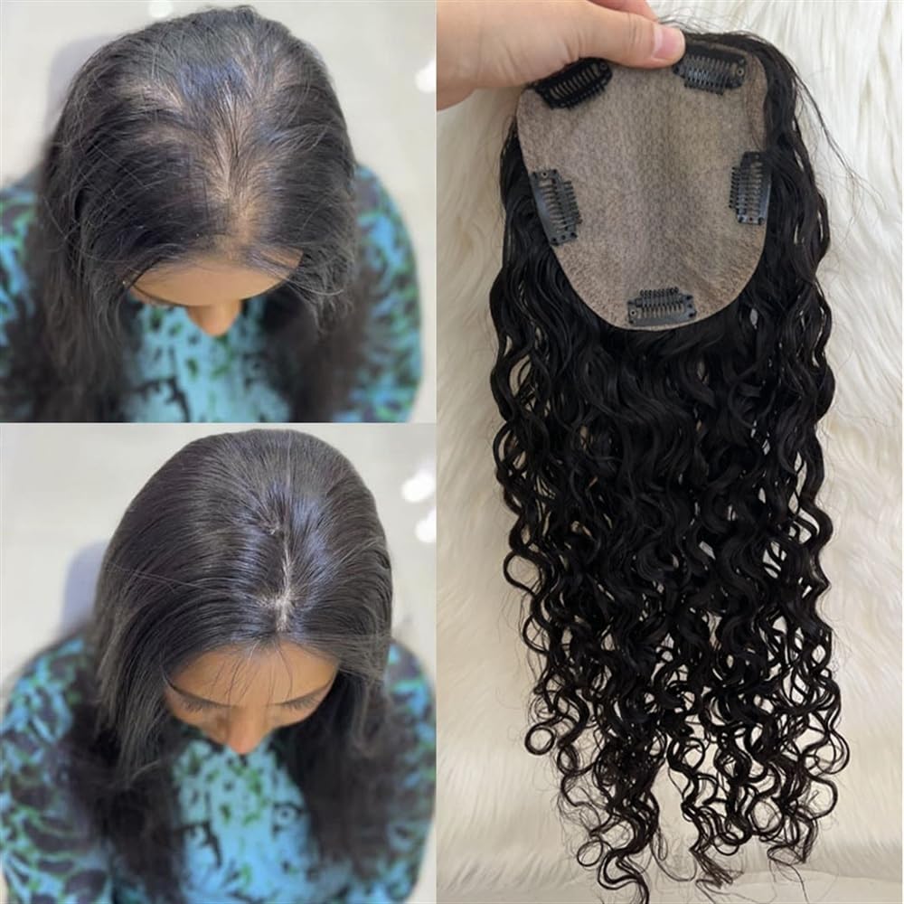 Haaraufsätze Haarteile for Frauen, 20,3–55,9 cm lang, gewellt, lockig, 150% Dichte, natürliches schwarzes europäisches Echthaar, 15 x 16, Seidenbasis, Clip-In-Echthaarteile(16 inches)