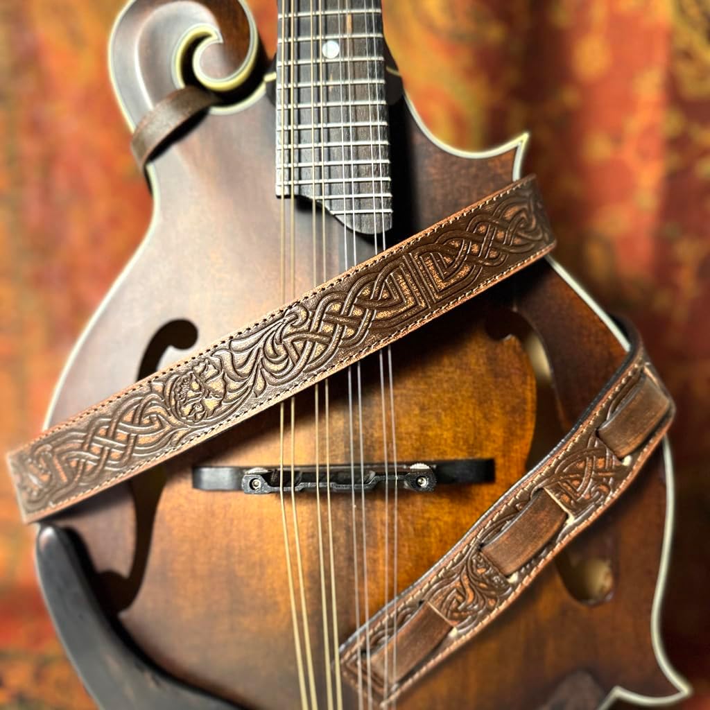 Walker And Williams M-20-BRN Bourbon Brown Leather Premium Padded Mandolin Strap With Celtic Chain Design, For Mandola, Bouzouki or Ukulele. For F And A Type Mandolins