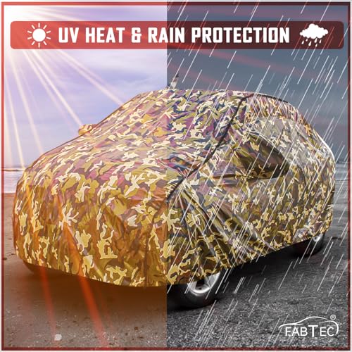 Image of FABTEC Car Body Cover for Tata Tiago Jungle Print with Soft Cotton Lining Waterproof Car Cover UV & Rain Protection with Mirror and Antenna Pocket Bottom Elastic (Military /Camouflage Pattern)