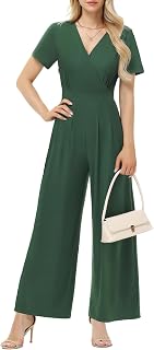 Tanmolo Damen Jumpsuit Elegant Sommer Kurzarm V-Ausschnitt Overall Weites Bein Romper Mit Taschen XXL Dark Green-XF128