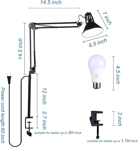 Miniatura 4 de Lámpara de escritorio con brazo oscilante para oficina en casa ajustable en 360, abrazadera de metal alta con bombilla, clip para cuidado de los