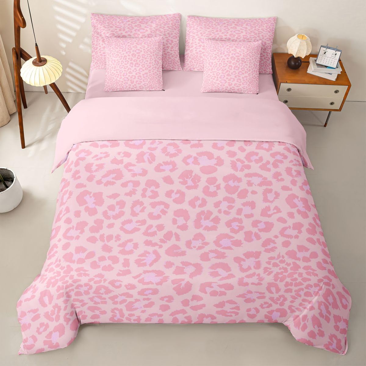 Loussiesd Set di biancheria da letto per bambini con stampa leopardata rosa, per letto singolo, 7 pezzi, per bambini, ragazzi, ragazze, safari, con copripiumino, lenzuola, federe, federe