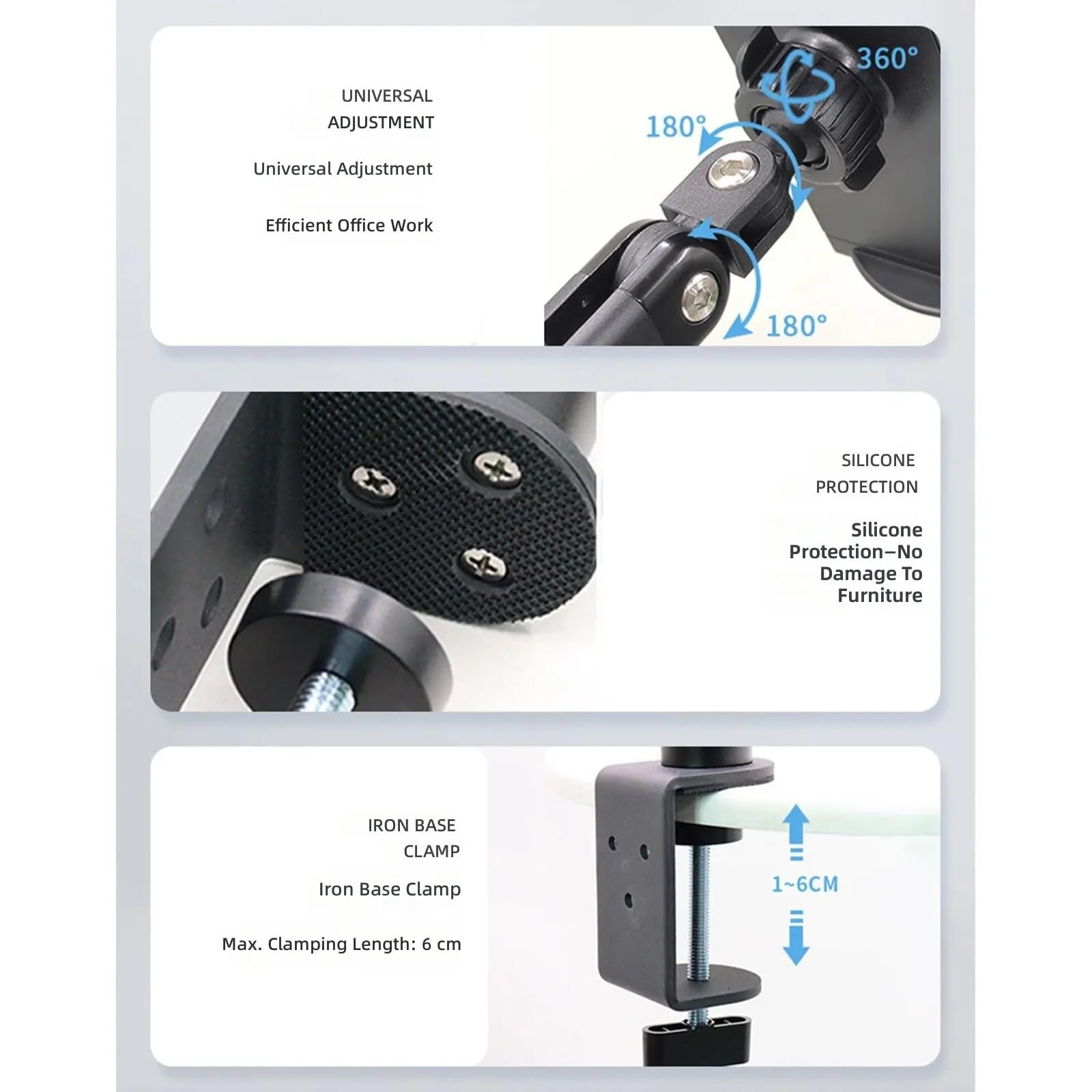 Elevadores ergonómicos para laptop con base de abrazadera y brazo giratorio, soporta dispositivos de 4 a 13.9 pulgadas para uso en oficinas, soporte ergonómico para computadora