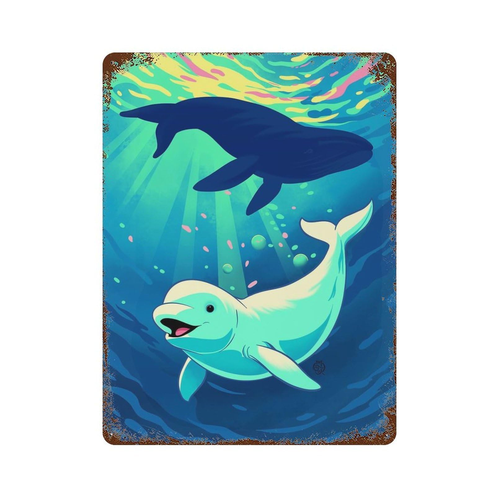 Garage Style Beluga & Whale, An Ocean Light Dance Vintage Rust Metal Sign 15.7"x11.8", Vintage Wall Decor for Bar And Workshop