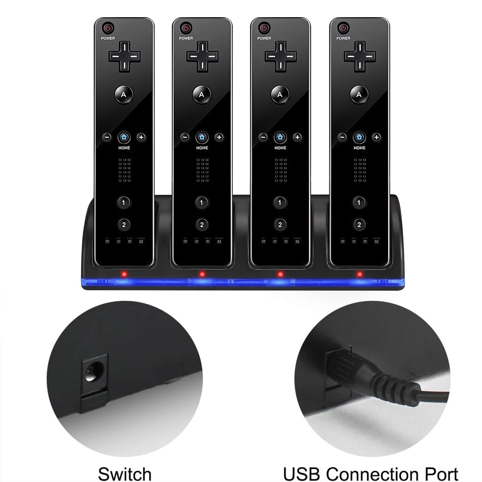Stazione di Ricarica per Controller Wii, con 4 Batterie Ricaricabili da 2800 mAh e Indicatori a LED, Caricatore Wiimote per Wii Supporto di Ricarica per Telecomando Wii, Nero