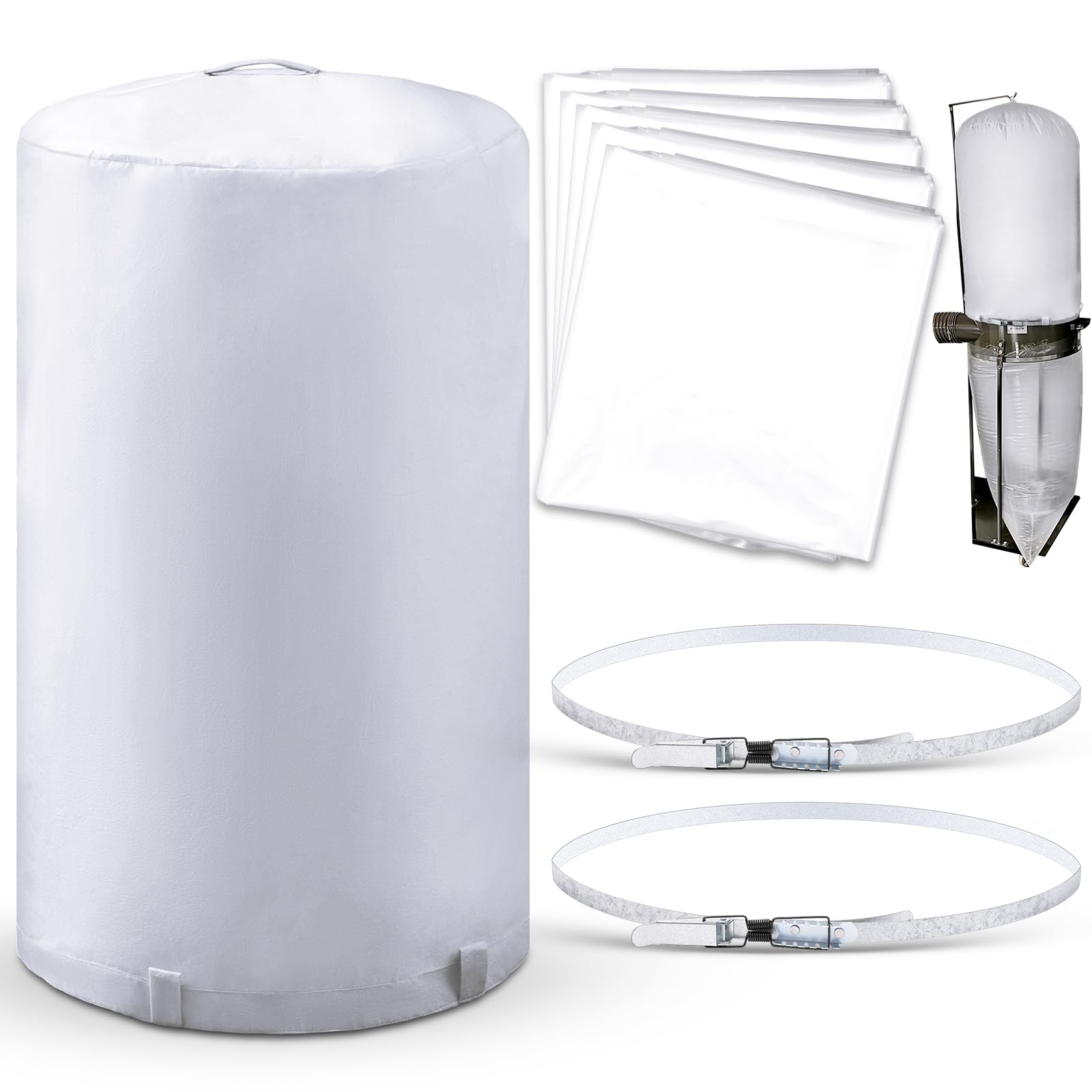 MotiMind 8 bolsas de repuesto para colector de polvo y abrazaderas de banda, aptas para colector de polvo con diámetros de 18-7/8 pulgadas a 19-27/64 pulgadas