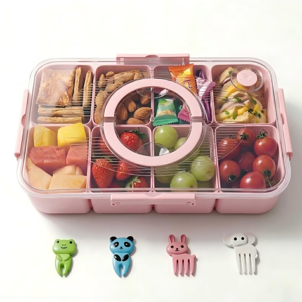 Enssjoy Snack Box with Compartments, Airtight Lid for Snacks & Fruit(Pink)