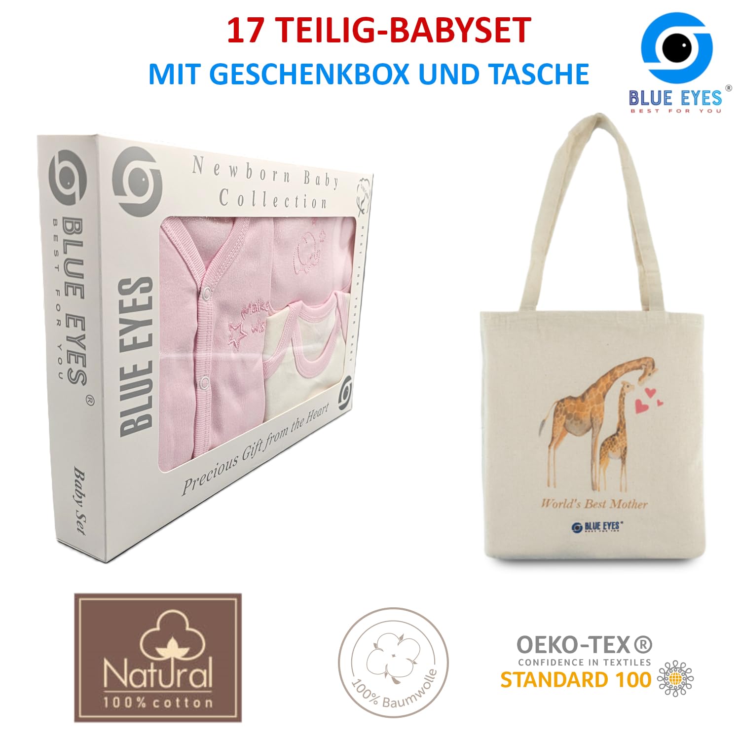 Blue Eyes Zestaw dla noworodka, 100% naturalna bawełna, pierwsze wyposażenie, unisex, odzież, ręcznik kąpielowy, zestaw upominkowy, 17-częściowy zestaw dla niemowląt w wieku 0-4 miesięcy, z etykietą