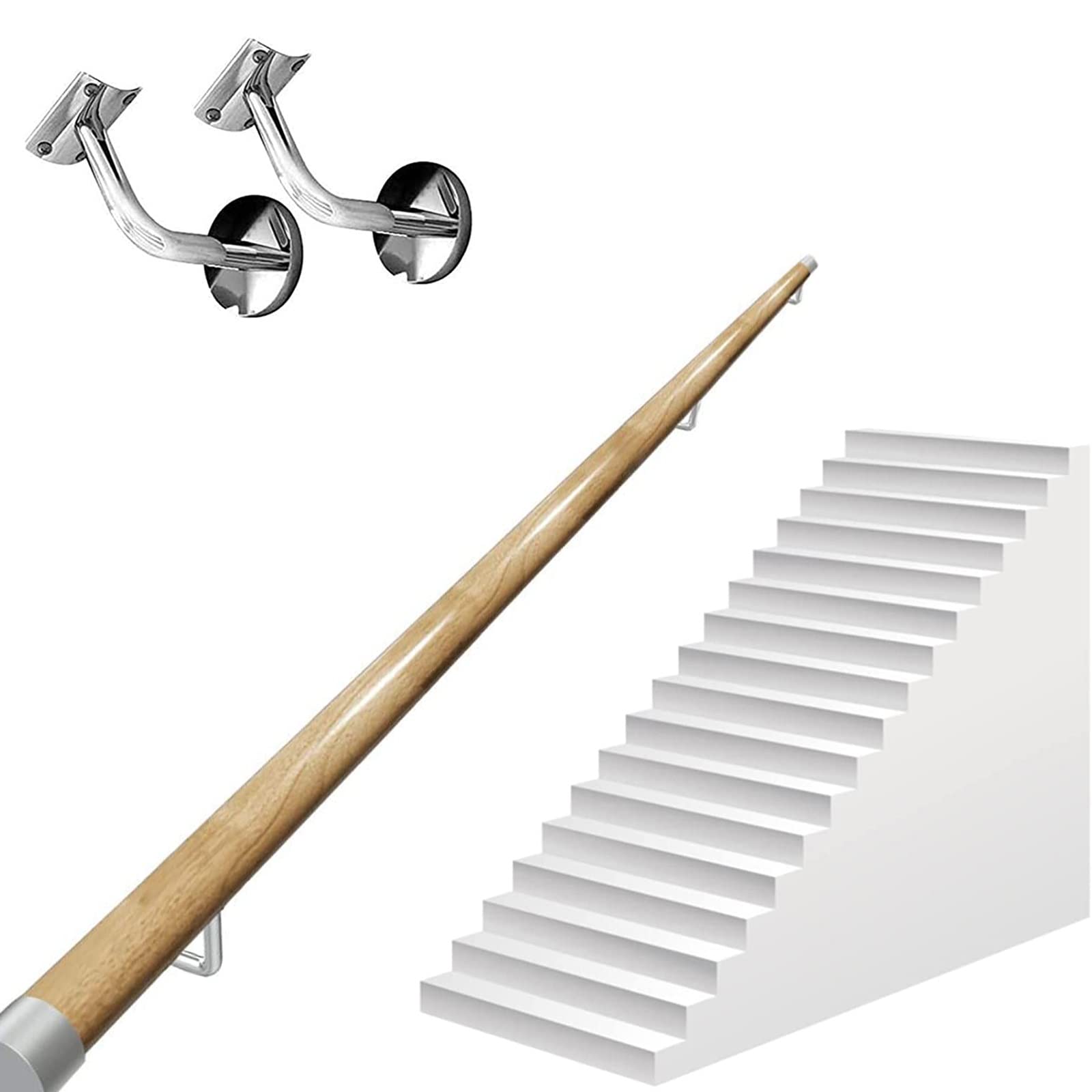 Main courante en bois de 50 à 400 cm avec supports en argent pour escalier
