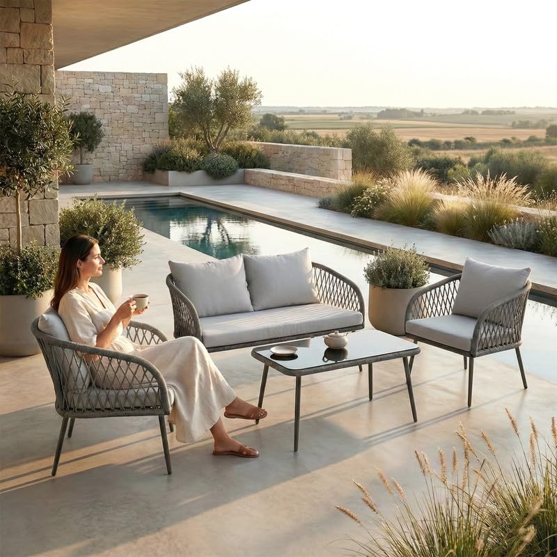 Image of OUTLIVING Braid Rope & Metal Frame Outdoor 4-Seater Sofa Set with Tempered Glass Top Center Table, Water-Repellent Cushions & Handwoven Design for Patio, Garden and Balcony (Grey)
