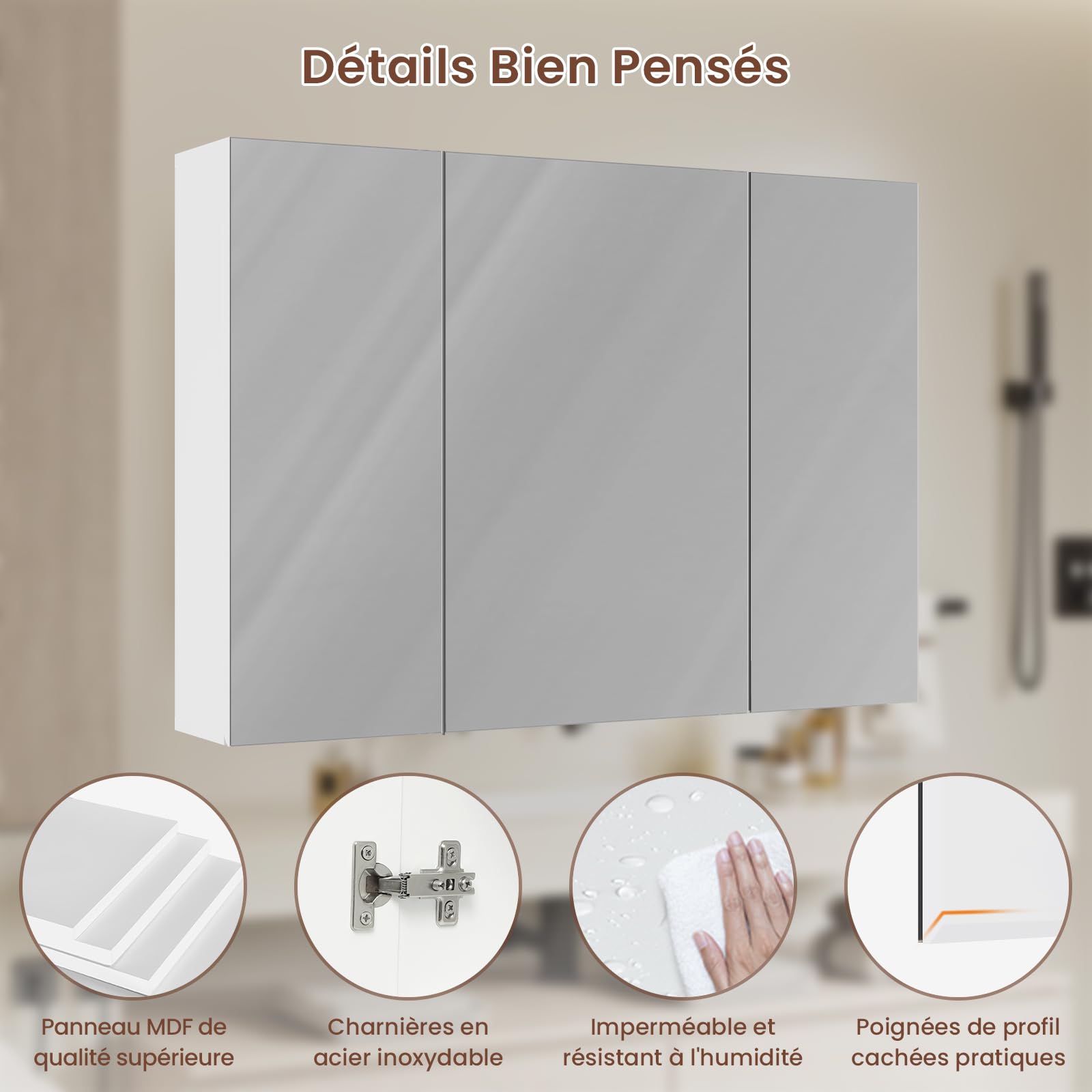 DICTAC Armoire Murale Salle de Bain avec Miroir 80×60×16cm Meuble Salle de Bain avec 3 Portes,Armoire Toilette Miroir avec Étagère Réglable, Blanc-80×60×16cm