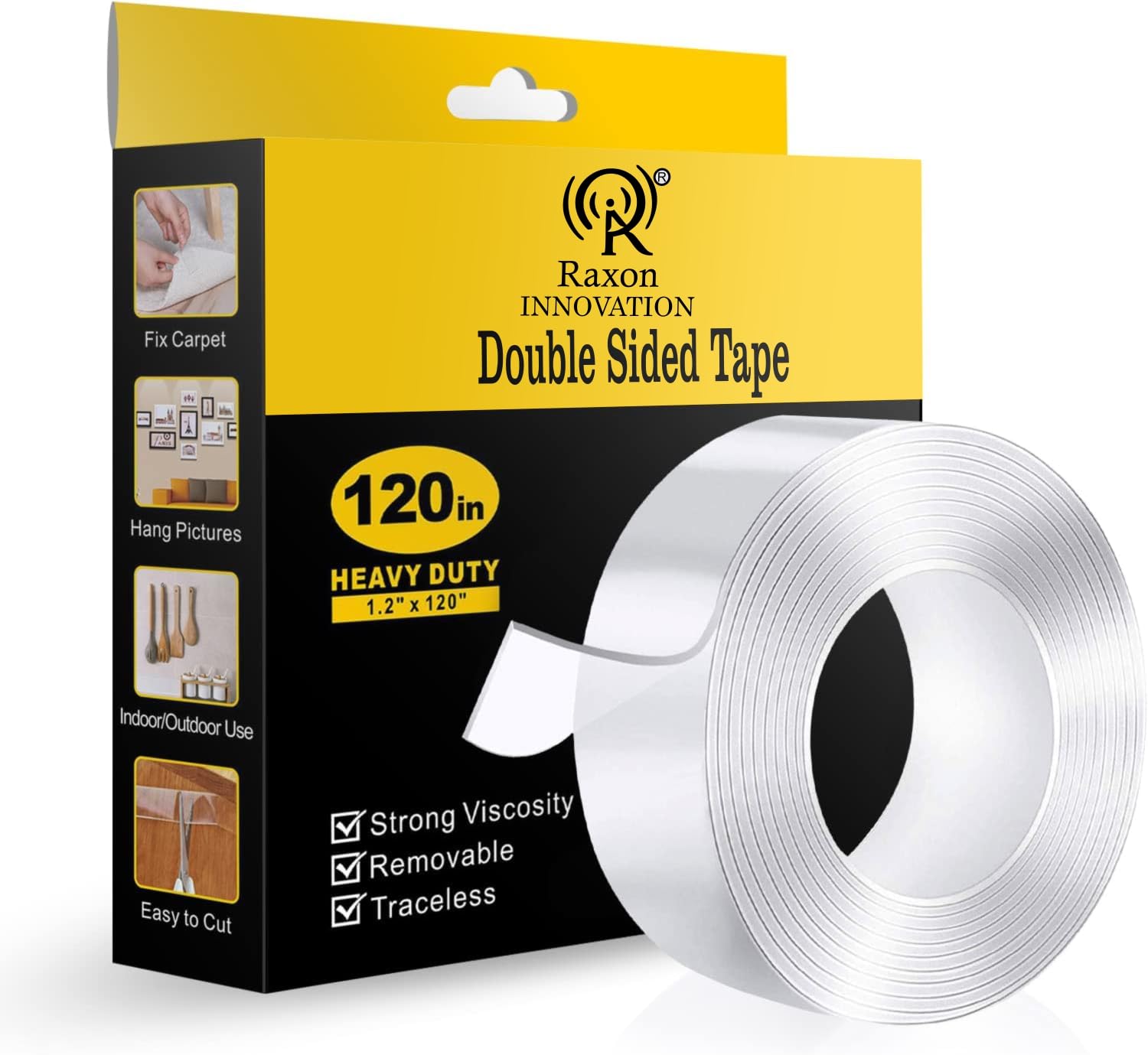 Raxon Innovation Double Sided Tape Heavy Duty - Multipurpose Removable Traceless Mounting Adhesive Tape for Walls,Washable Reusable Strong Sticky Strips Grip Tape