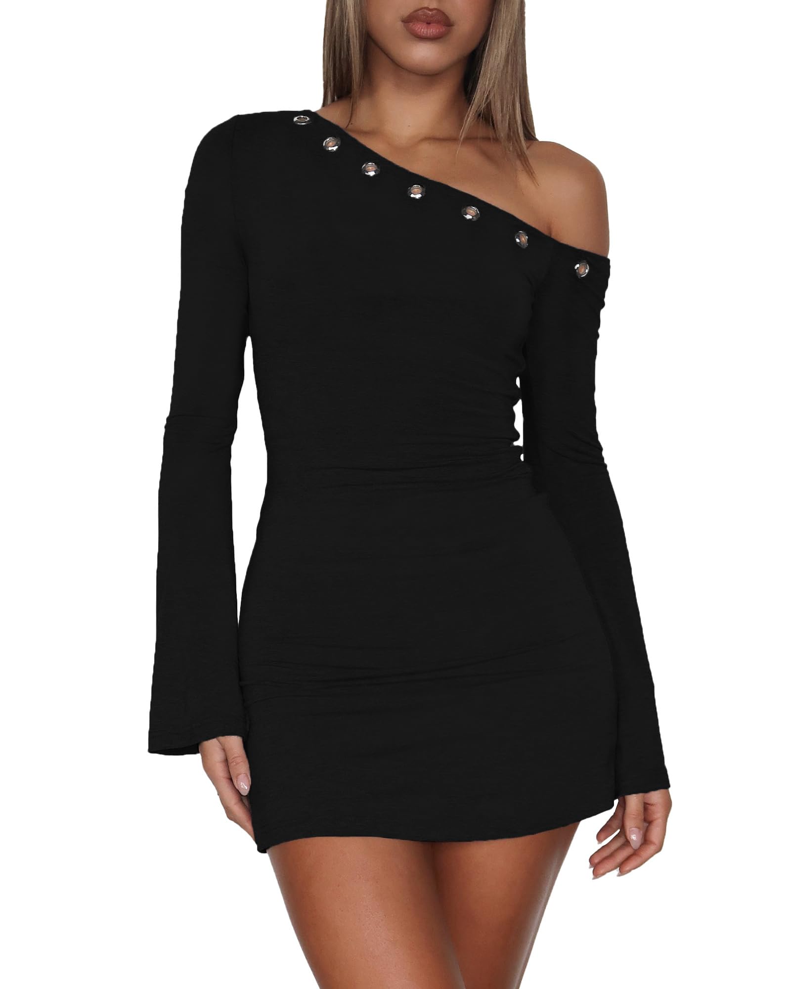 Womens One Shoulder Metal Ring Dresses Sexy Flared Long Sleeve Slim Fit Bodycon Going Out Club Party Y2K