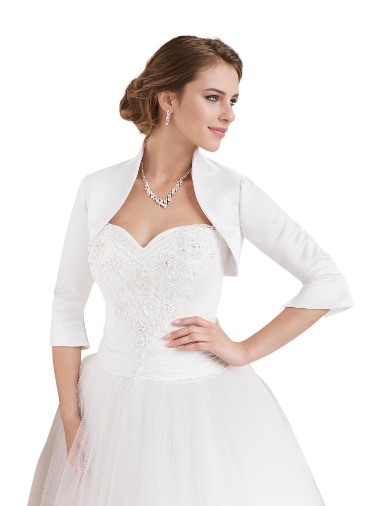 Fitted Wrap Bolero Style Bridal Wedding Satin with 3 4 Sleeve