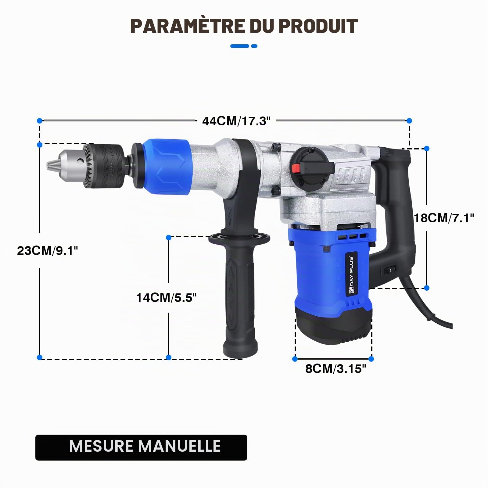 Kit marteau piqueur de démolition électrique 1500 W avec poignée rotative à 360°, 6 vitesses variables, avec graisse, burin, forets
