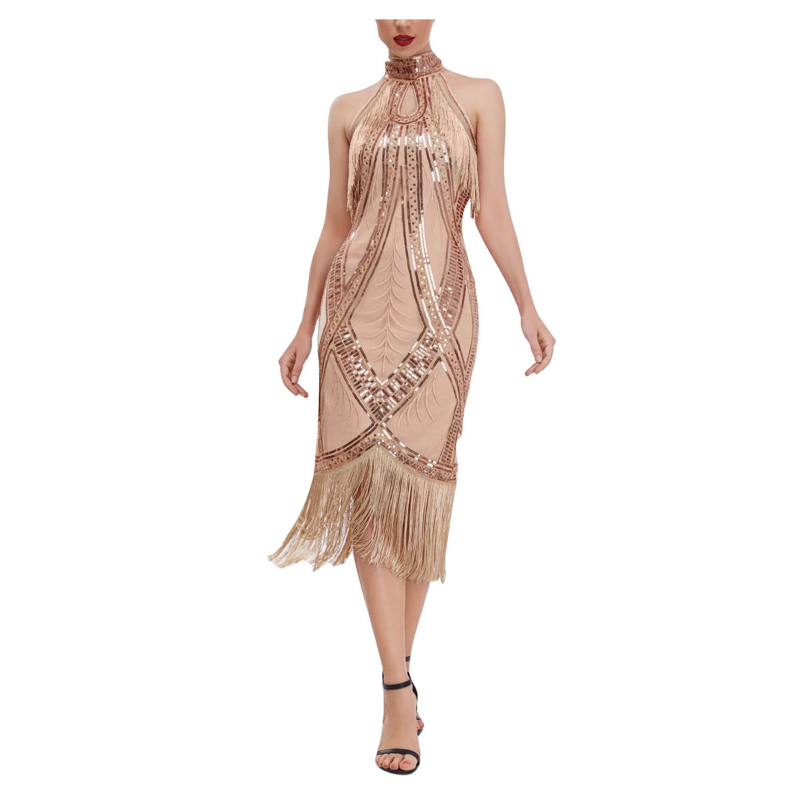 KBOPLEMQ Gatsby Disfraz de mujer de los años 20, vestido vintage para mujer, vestido charlestón, vestido de noche, cóctel, fiesta, disfraz, vestido de Gatsby con lentejuelas, borlas, dobladillo,