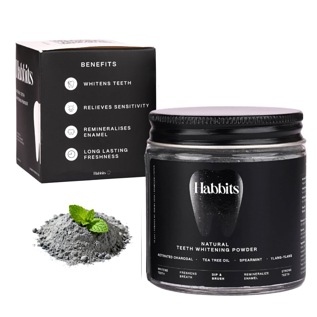 Habbits Charcoal Ylang-Ylang Mint Natural Teeth Whitening Powder | Stain Removal and Activated Charcoal Formula For Long Lasting Freshness | with n-HAp & Hyaluronic Acid | Fluoride & Peroxide Free -50g