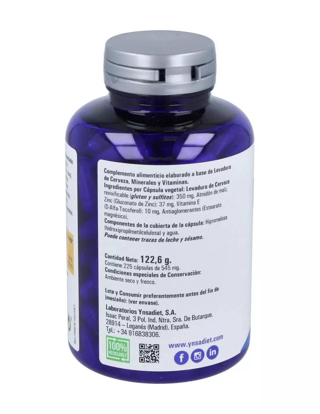 Pack 3 LevaZinc Ynsadiet 225 cápsulas vegetales, 675 cápsulas totales, levadura de cerveza con zinc y vitamina E, complemento para cabello, piel y uñas, formato ahorro.