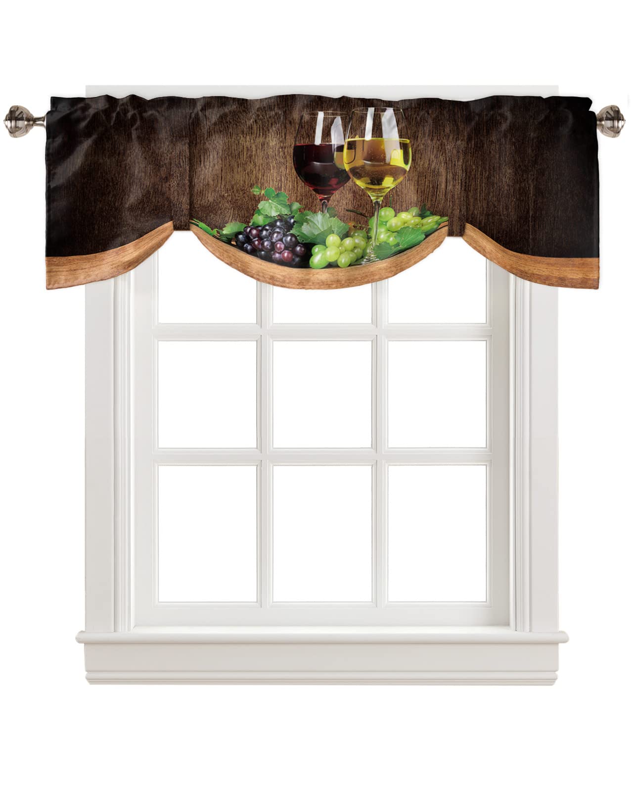 T&H XHome Tie Up Valances for Kitchen Windows, Glasses Wine Grapes on Rustic Wooden Grain Rod Pocket Curtain Valance Window Topper for Living Room,