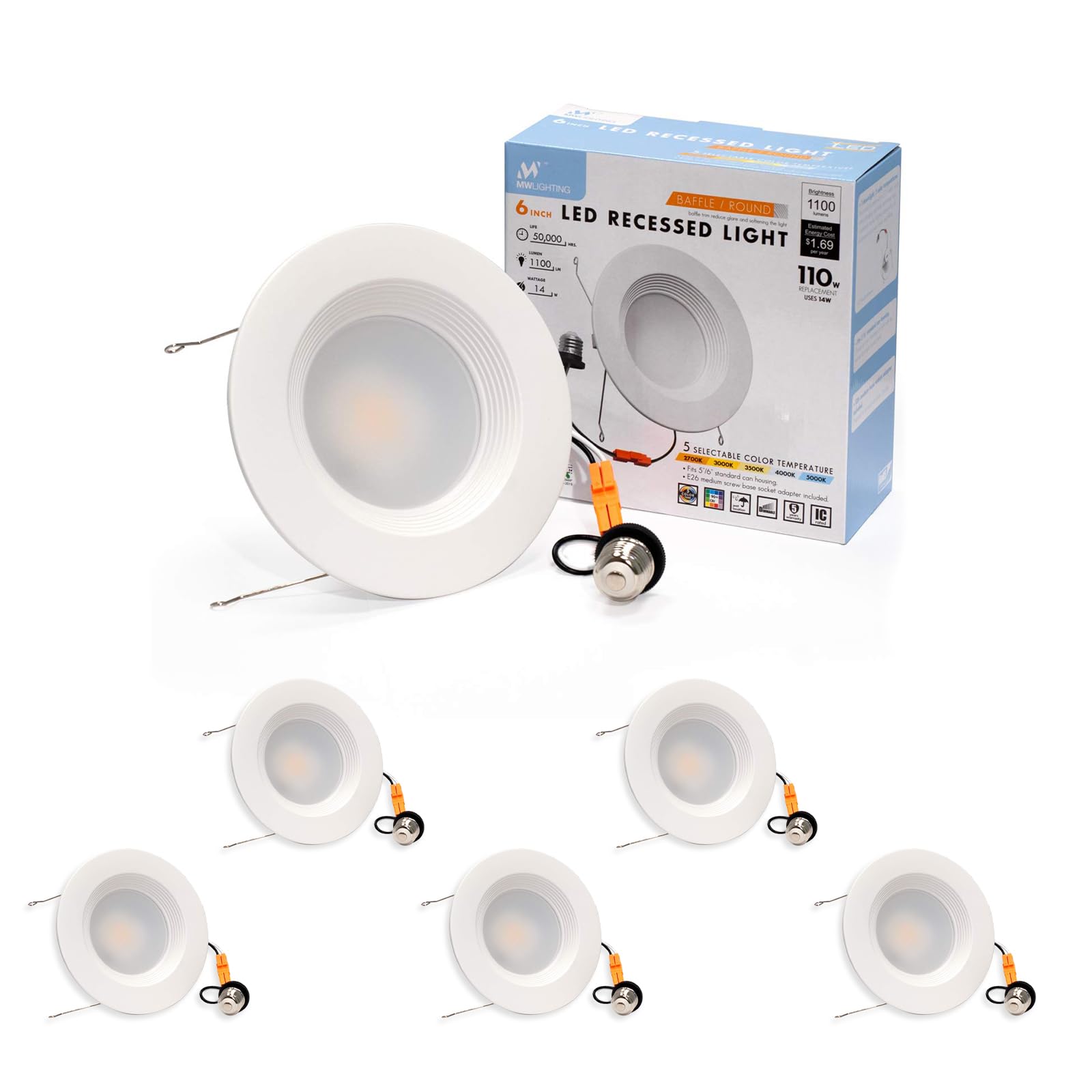 mw LED Retrofit LED Recessed Lighting 6 Inch Selectable 2700K/3000K/3500K/4000K/5000K Dimmable LED Can Lights, Baffle Trim, 100W Incandescent Equal, 1100LM, Energy Star(6 Pack)