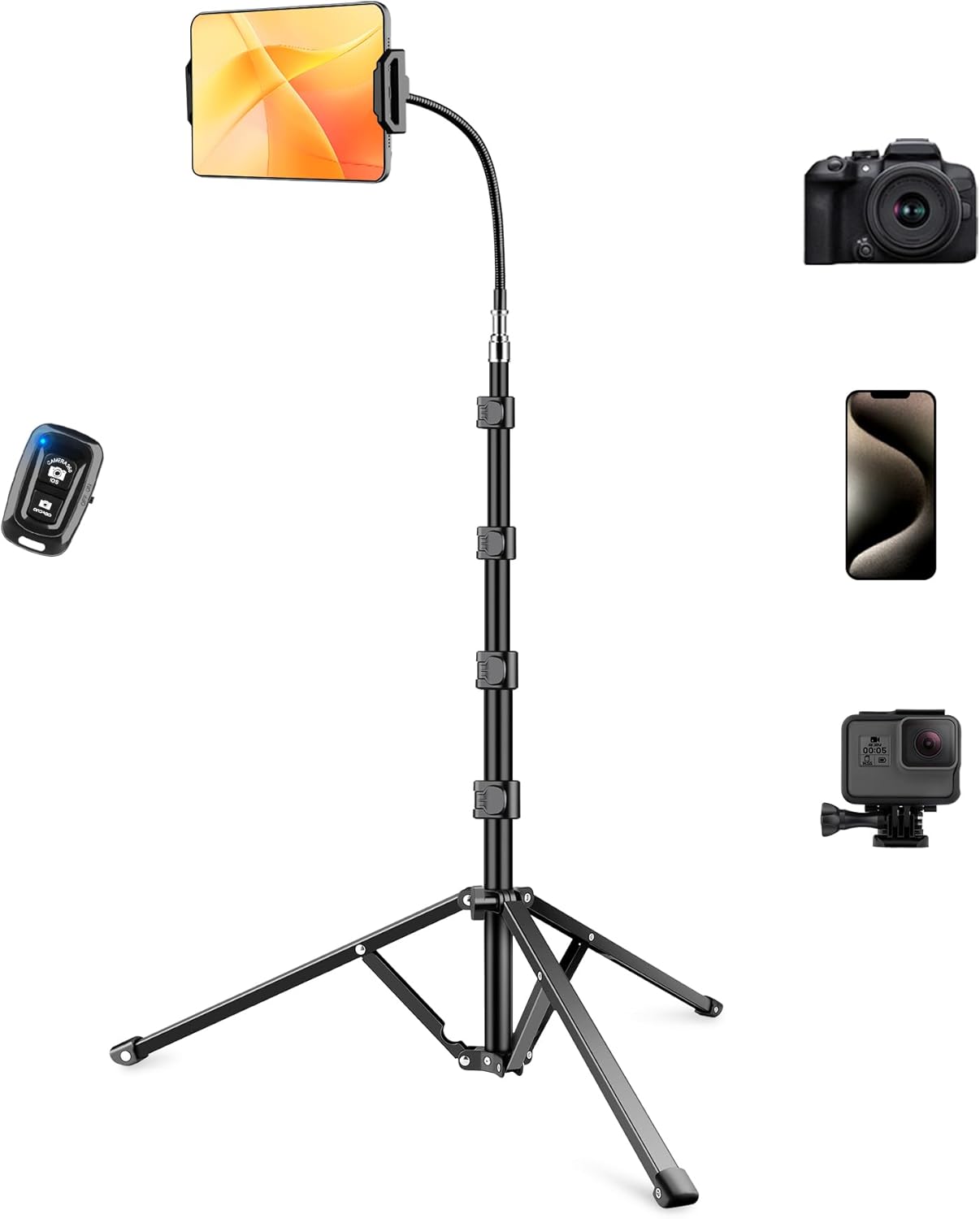 Heavy Duty Tablet Tripod Stand for iPad, 81" Tall Tripod Floor Stand with Remote and Flexible Gooseneck, Adjustable Tablet Holder Mount for iPad mini/Air/Pro, Kindle, iPhone