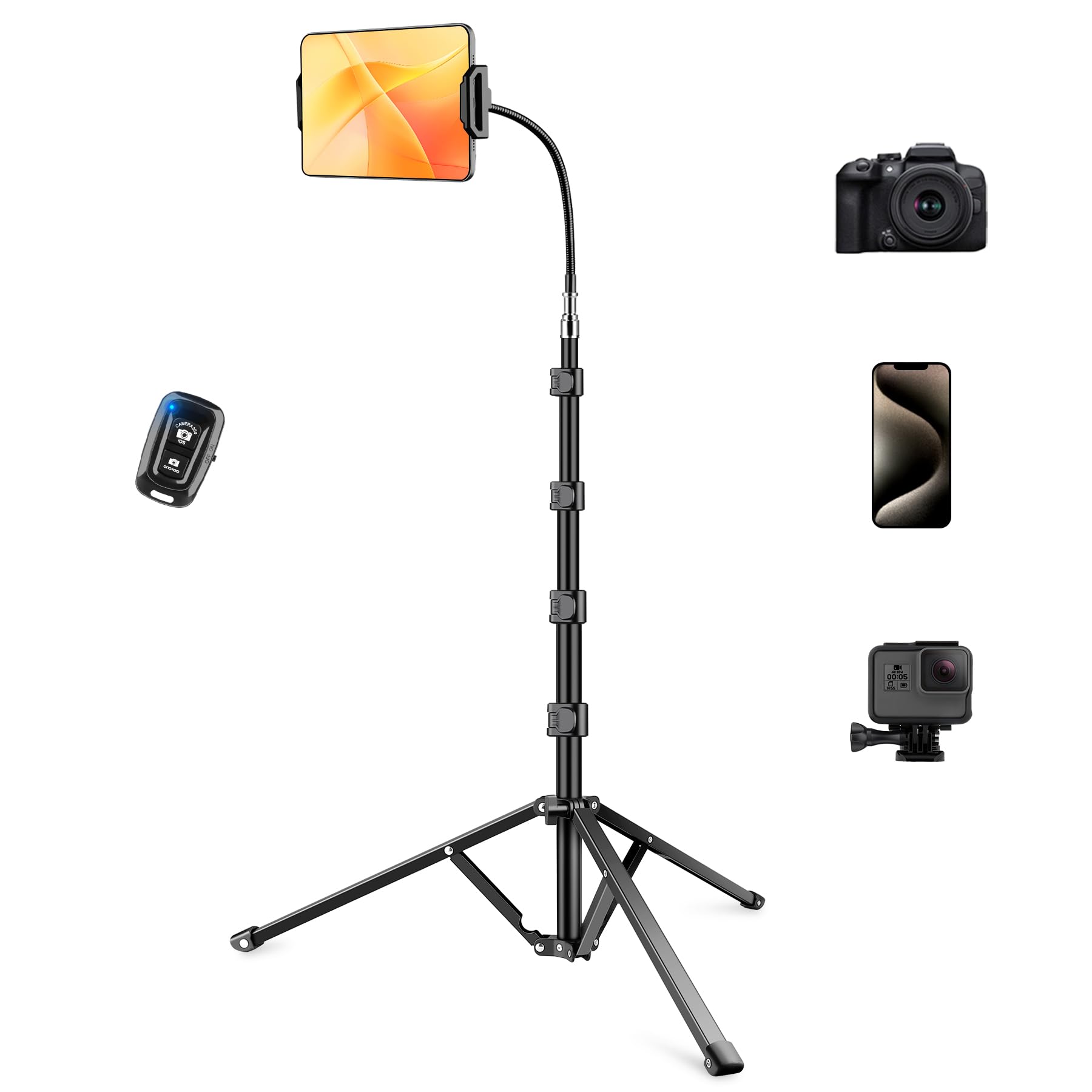 Heavy Duty Tablet Tripod Stand for iPad, 81" Tall Tripod Floor Stand with Remote and Flexible Gooseneck, Adjustable Tablet Holder Mount for iPad mini/