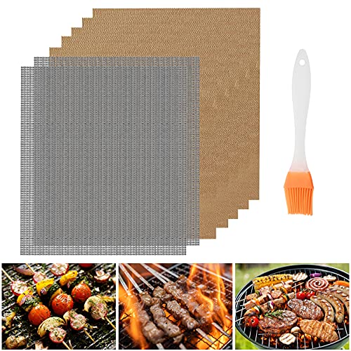 GOCTOS Set of 7 Grill Mesh Mat, 2 Style Non Stick BBQ Grill mats, Reusable BBQ Grilling Sheets with 6.49" Silicone Brush, Easy to Clean for Baking on Charcoal, Oven and Electric Grills,15.7513 inch