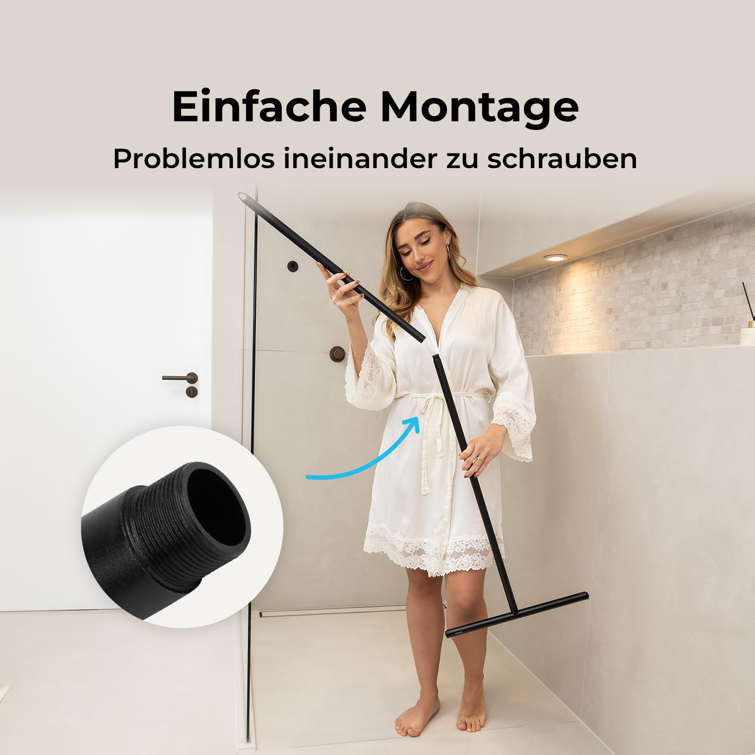 Sanova Bodenabzieher mit Stiel 136 cm – Wasserschieber Boden Schwarz – Duschabzieher Langer Stiel aus Edelstahl Aluminium & Silikon – Mit Wandhalter