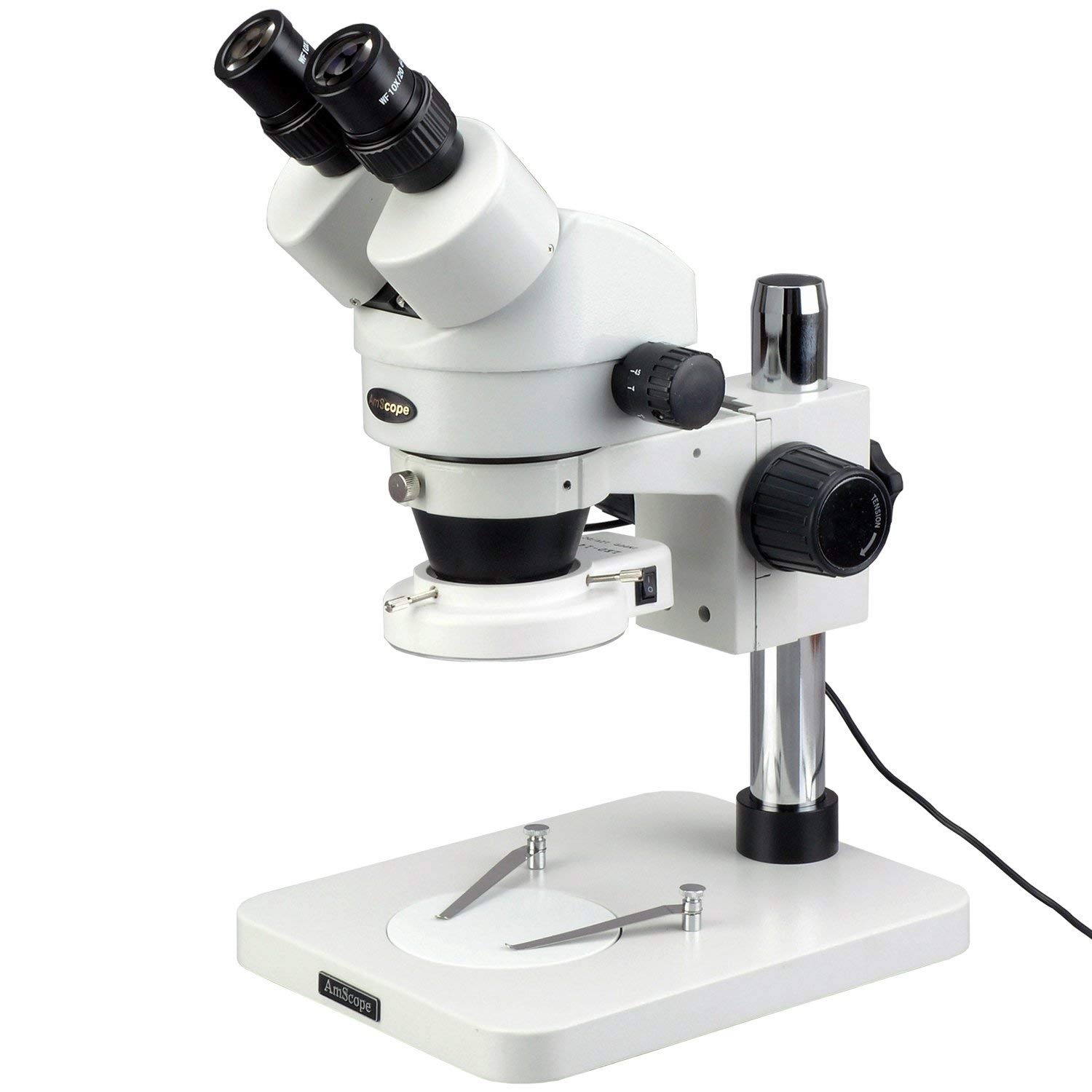 AmScope SM-1BSX-64S Professional Binocular Stereo Zoom Microscope, WH10x Eyepieces, 3.5X-45X Magnification, 0.7X-4.5X Zoom Objective, 64-Bulb LED Ring Light, Pillar Stand, Includes 0.5x Barlow Lens
