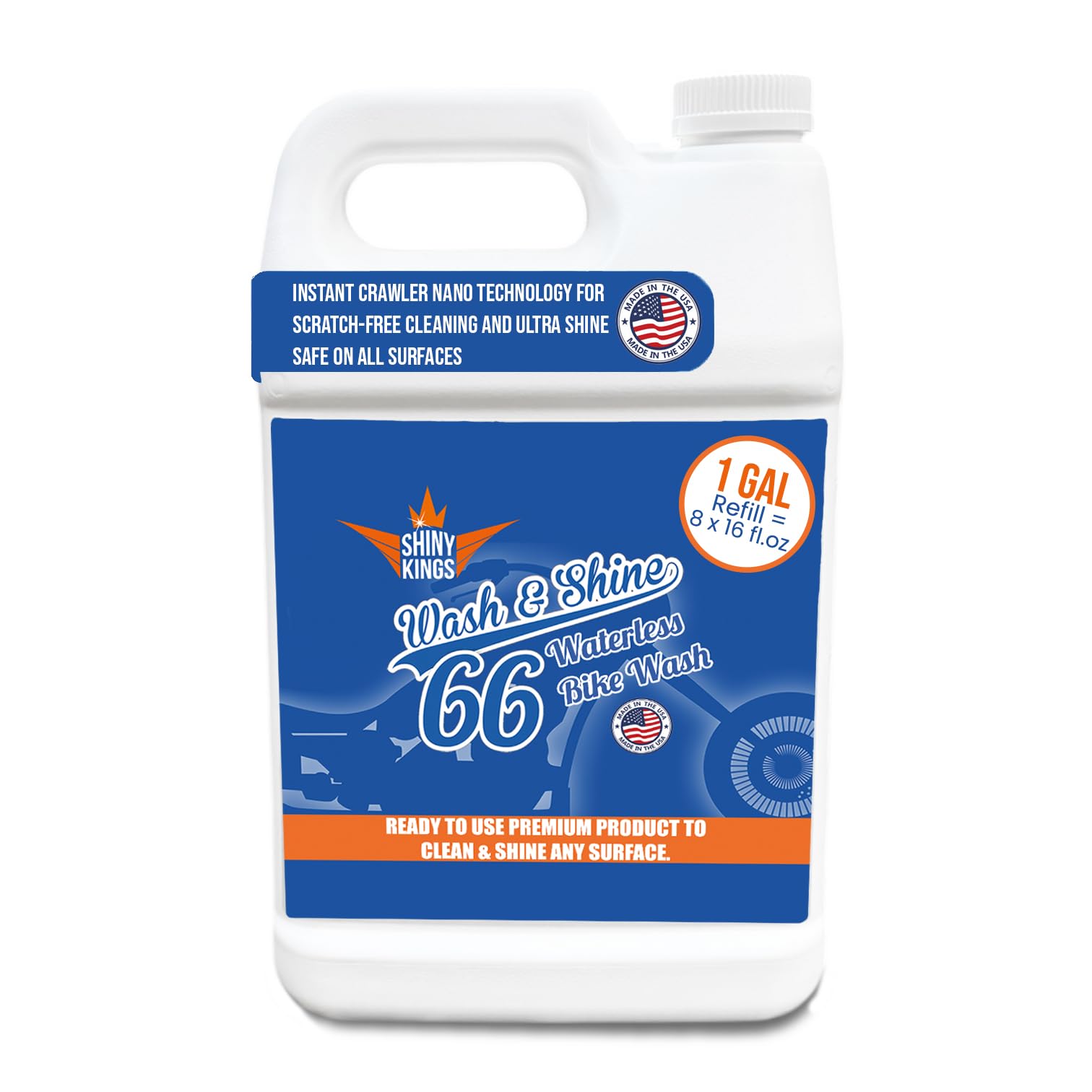 Shinykings Motorcycle Cleaner Wash&amp;Shine 66 | WATERLESS BIke Wash with Ultra Shine Finish | Powerful Motorcycle Detailing Spray for All Surfaces | Bike Cleaner California | 1 Gallon