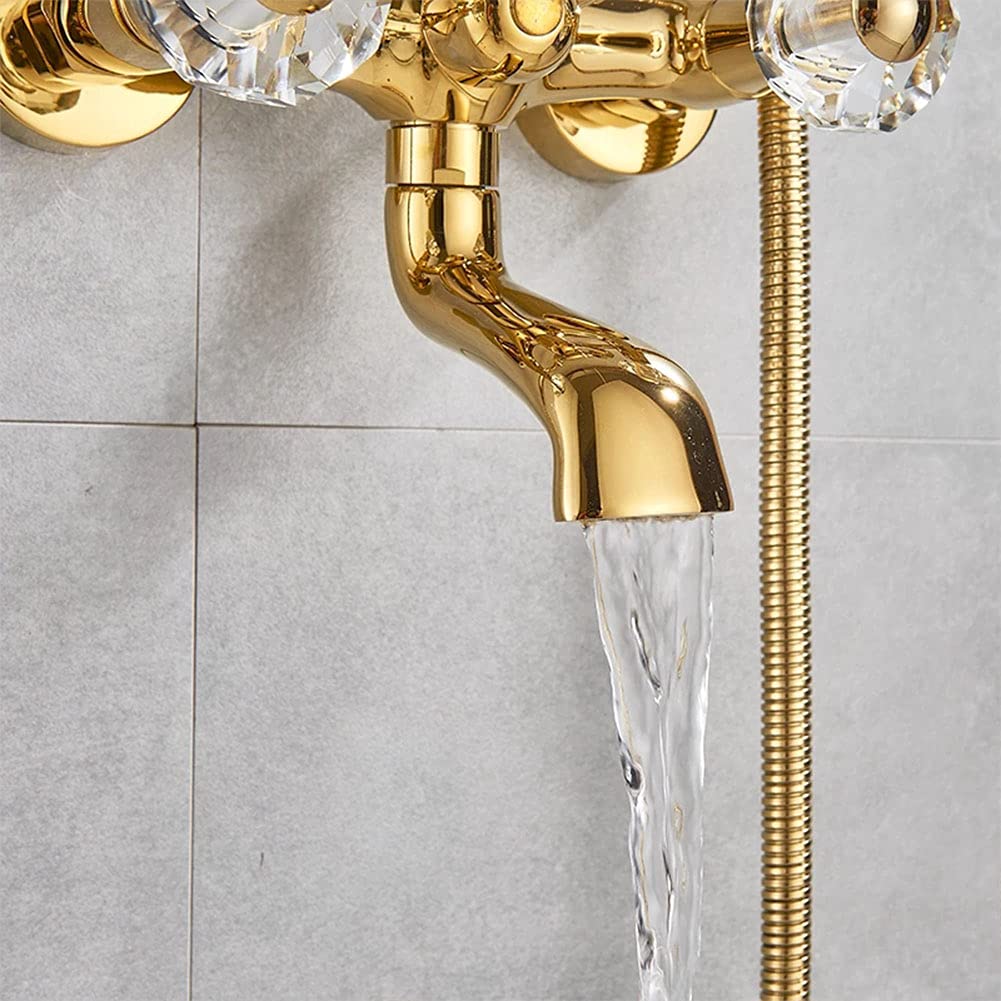 Grifo Bañera Con Alcachofa De Mano Latón Color Oro Mezclador De Bañera Montaje En Pared, Incluye Soporte Y Manguera De 150 Cm, Dos Asas Grifo De Ducha, Antiguo