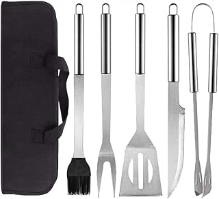 Lepidi 5 Pièces Barbecue Barbecue Outil, Accessoires Barbecue en Acier Inoxydable, Acier Inoxydable Argent Ensemble d'Outils de Gril avec Sac Portable pour Pique-Niques, Barbecues, Camping (5 Styles)