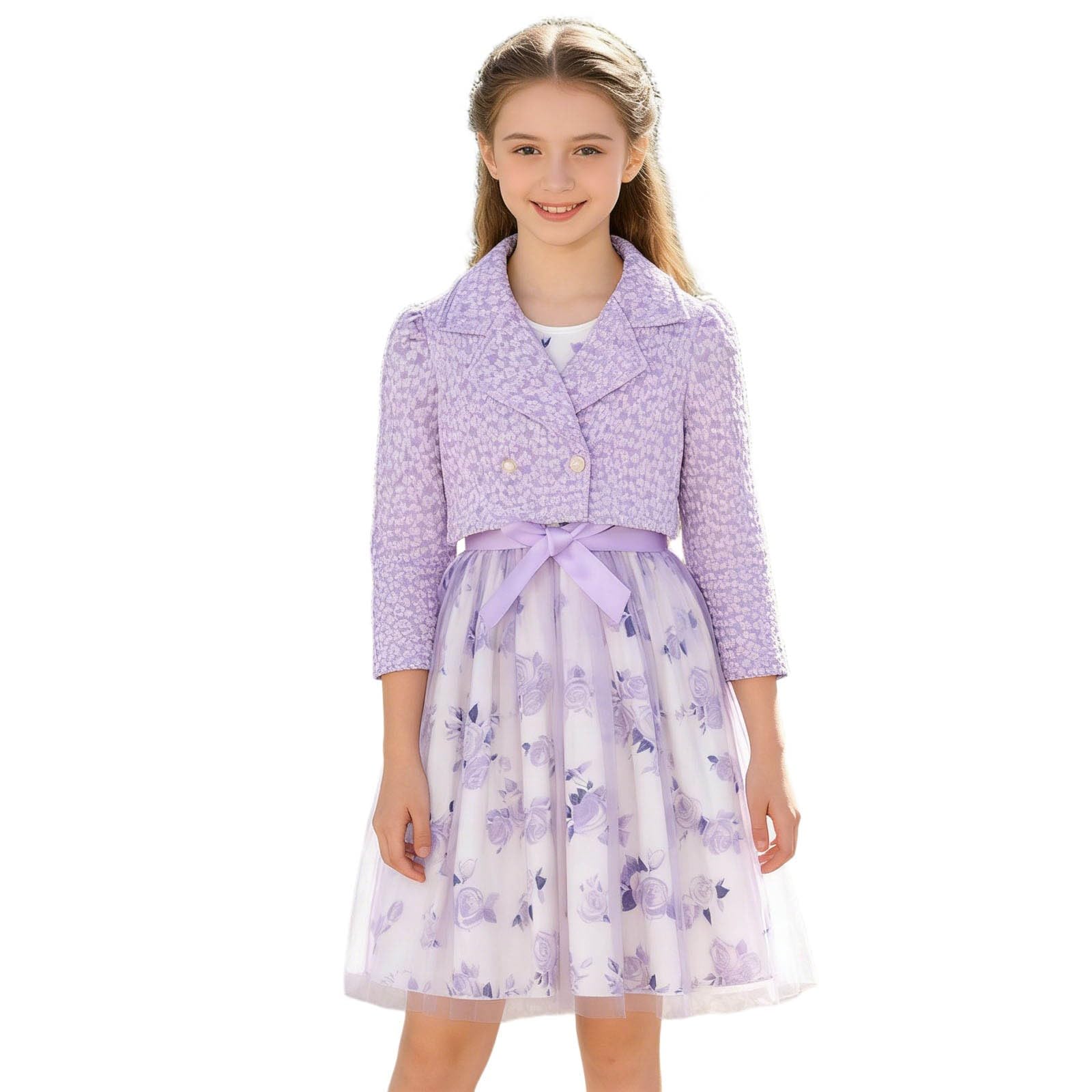 Generico Vestito Ragazza 2 Pezzi Cardigan a Manica Lunga e Gonna in Tulle con Fiocco Abito da Principessa Battesimo Elegante Cerimonia Compleanno