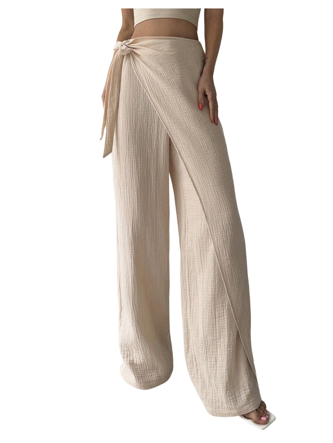 Floerns Womens Tie Side High Waisted Long Pants Wrap Front Straight Leg Pants