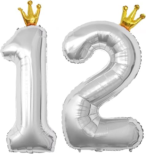 Globos plateados de 40 pulgadas con corona de números 12, globos grandes de Mylar de aluminio de número 12 para decoraciones de fiesta de cumpleaños