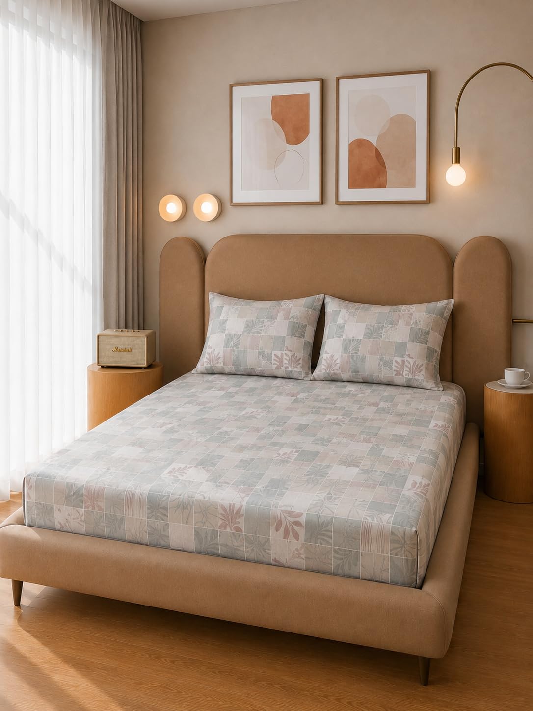 THE HOME STYLE Cotton Feel Glace Cotton Elastic Fitted Printed Queen Size Double Bed Bedsheet with 2 Pillow Cover Fits Upto 8 Inches Mattress (60"x78", Eden Squares)